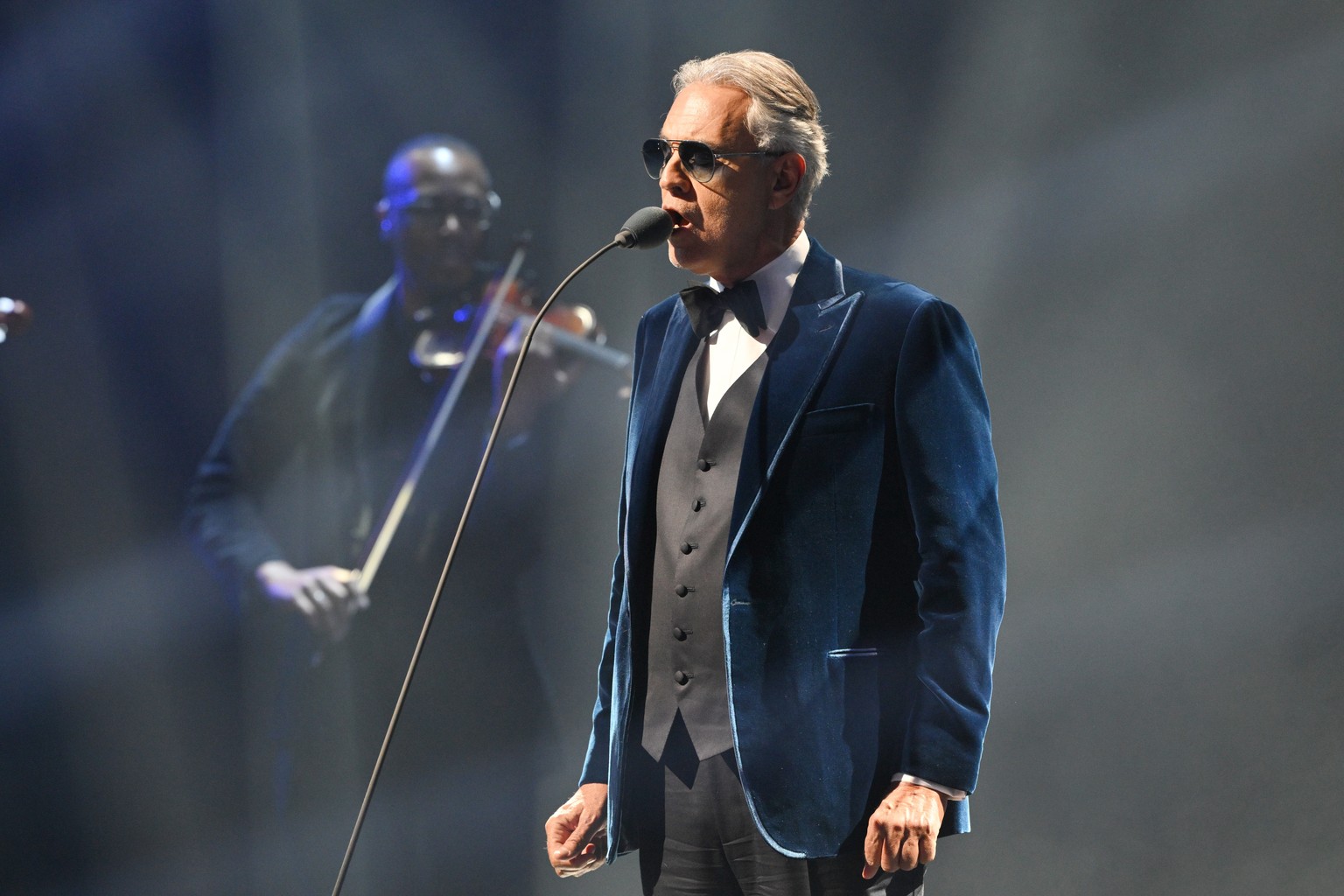 Singer Andrea Bocelli performs at the draw for the 2026 soccer World Cup at the Kennedy Center in Washington, Friday, Dec. 5, 2025. (Mandel Ngan/Pool Photo via AP)
WCup Draw Soccer