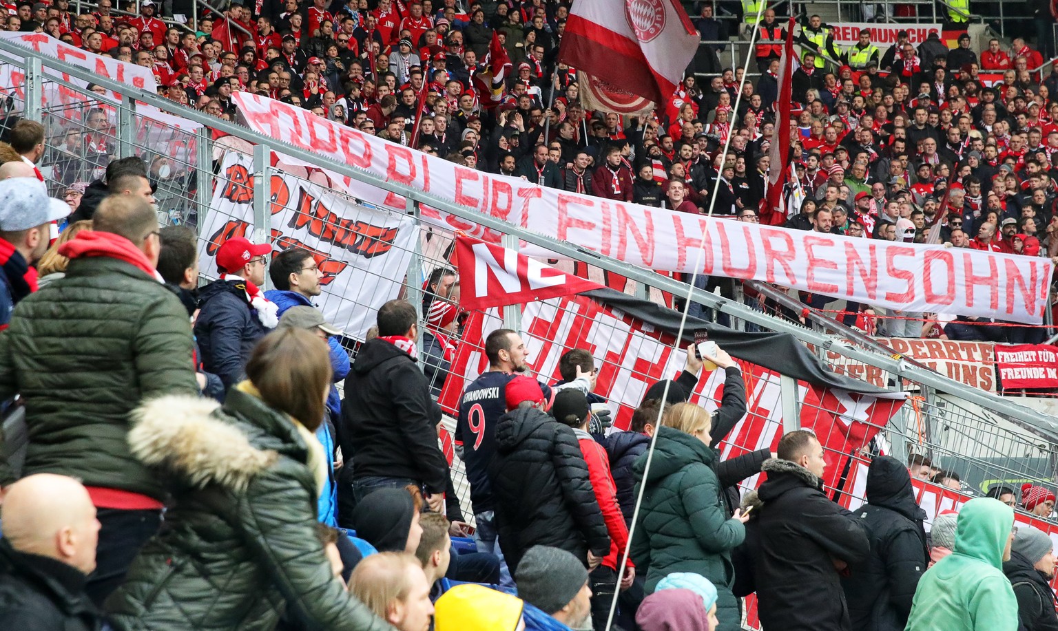 epa08259787 Bayern Munich fans display an offensive banner against Hoffenheim&#039;s financial backer Dietmar Hopp during the German Bundesliga soccer match between TSG 1899 Hoffenheim and Bayern Muni ...