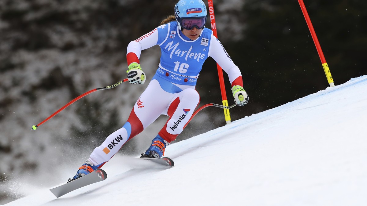 Switzerland's Jasmine Flury competes during an alpine ski, women's World Cup Super-G, in Val Gardena, Italy, Wednesday, Dec. 19, 2018. (AP Photo/Marco Trovati)
