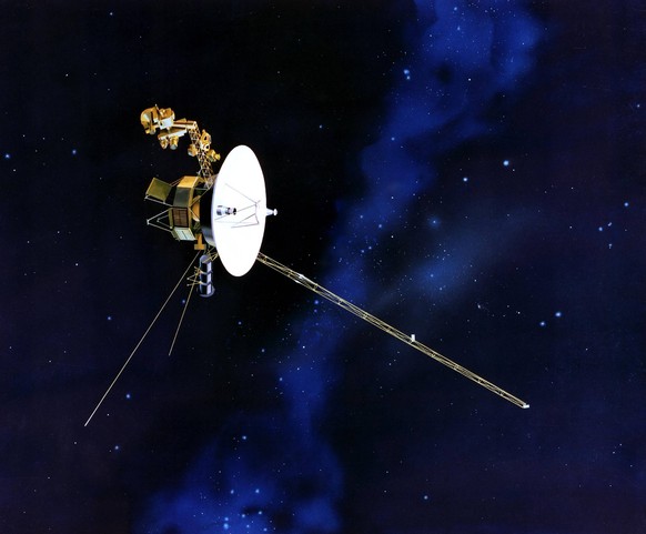 This image, released by NASA, details an artist s concept of the NASA Voyager 1 spacecraft with its antenna pointing towards Earth. The twin Voyager 1 and 2 spacecraft are exploring where nothing from ...