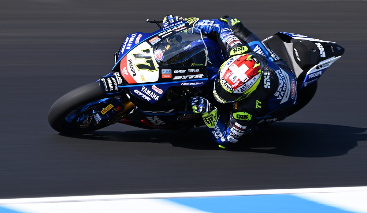 epa11179482 Swiss rider Dominique Aegerter of GYTR GRT Yamaha WorldSBK Team during a WorldSBK warm up session of the Superbike World Championship on Phillip Island, Australia, 25 February 2024. EPA/JO ...