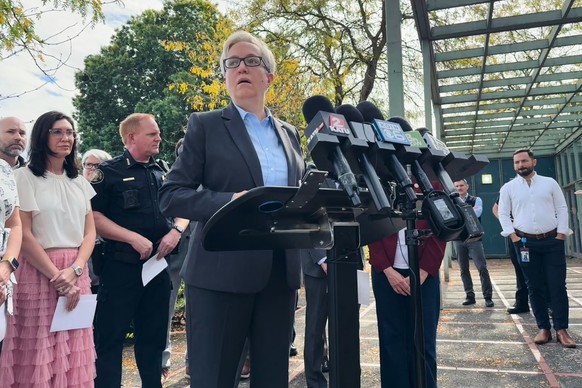 Democratic Oregon Gov. Tina Kotek speaks at a news conference in Portland, Ore., on Saturday, Sept. 27, 2025, after Republican President Donald Trump said he would send troops to the city. (AP Photo/C ...