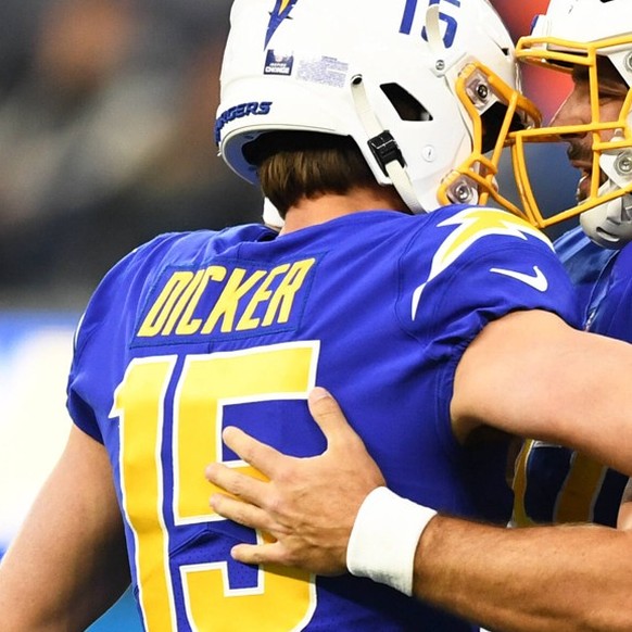 INGLEWOOD, CA - DECEMBER 18: Los Angeles Chargers kicker Cameron Dicker 15 celebrates after kicking the game winning field goal during the NFL, American Football Herren, USA regular season game betwee ...