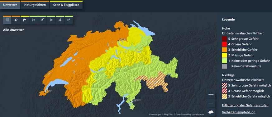 Die Karte zeigt die aktuellen Informationen zu Unwettern, Naturgefahren und der Windsituation für Seen &amp; Flugplätze.