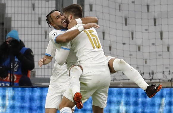 epa08856063 Olympique Marseille&#039;s Dimitri Payet celebrates a goal with his team mate during the UEFA Champions League Group C soccer match between Olympique Marseille and Olympiacos Piraeus in Ma ...