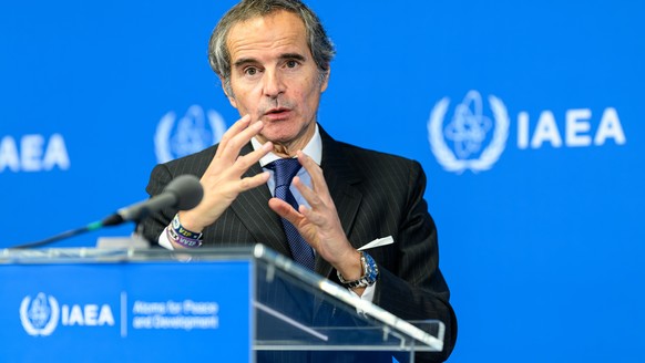 epa12166115 Director General of the International Atomic Energy Agency (IAEA) Rafael Mariano Grossi speaks during a press conference at an IAEA Board of Governors meeting at the IAEA headquarters of t ...