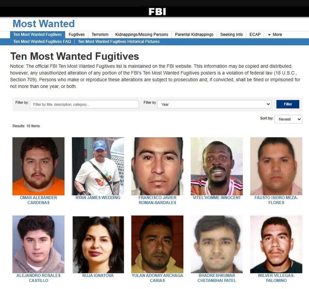FBI most wanted Liste, Stand März 2025.
