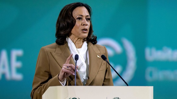 epa11007350 Kamala Harris, Vice President of the United States of America, speaks during the UN Climate Change Conference COP28, in Dubai, United Arab Emirates, 02 December 2023. The 2023 United Natio ...