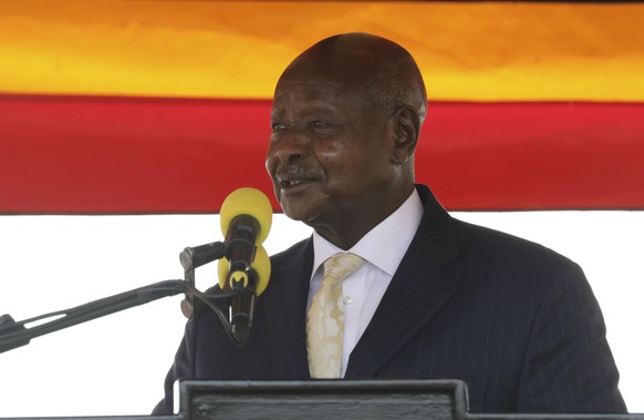 FILE - Uganda&#039;s President Yoweri Museveni speaks during the 60th Independence Anniversary Celebrations, in Kampala, Uganda on Oct. 9, 2022. Uganda&#039;s president Yoweri Museveni has signed into ...