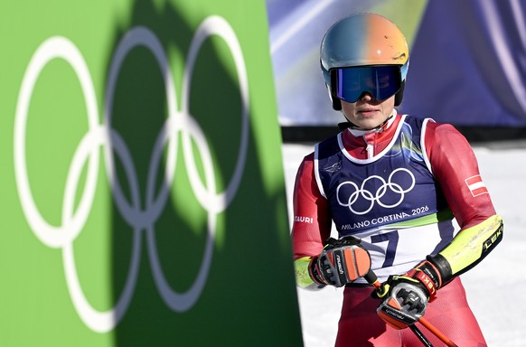 epa12742641 Julia Scheib of Austria reacts after her 2nd run in the Women's Giant Slalom of the Alpine Skiing competitions at the Milano Cortina 2026 Winter Olympic Games, Tofane ski centre in Co ...