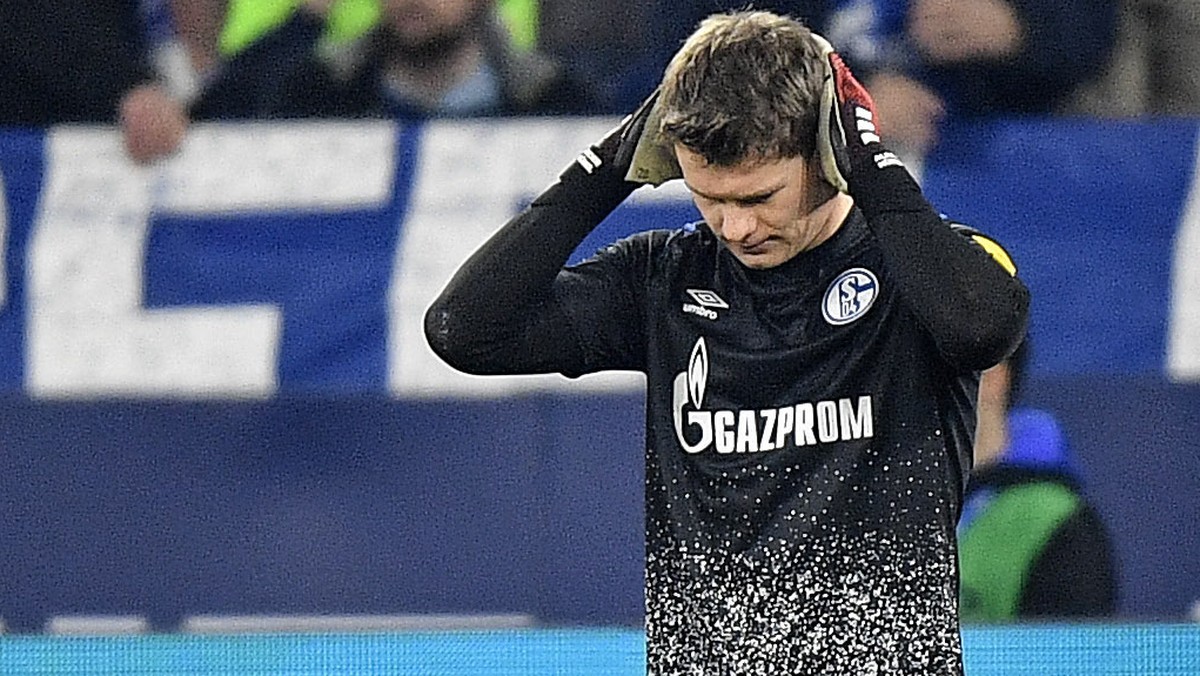 Schalke's goalkeeper Alexander Nuebel reacts after receiving another goal during the German Bundesliga soccer match between FC Schalke 04 and RB Leipzig at the arena in Gelsenkirchen, Germany, Sa ...