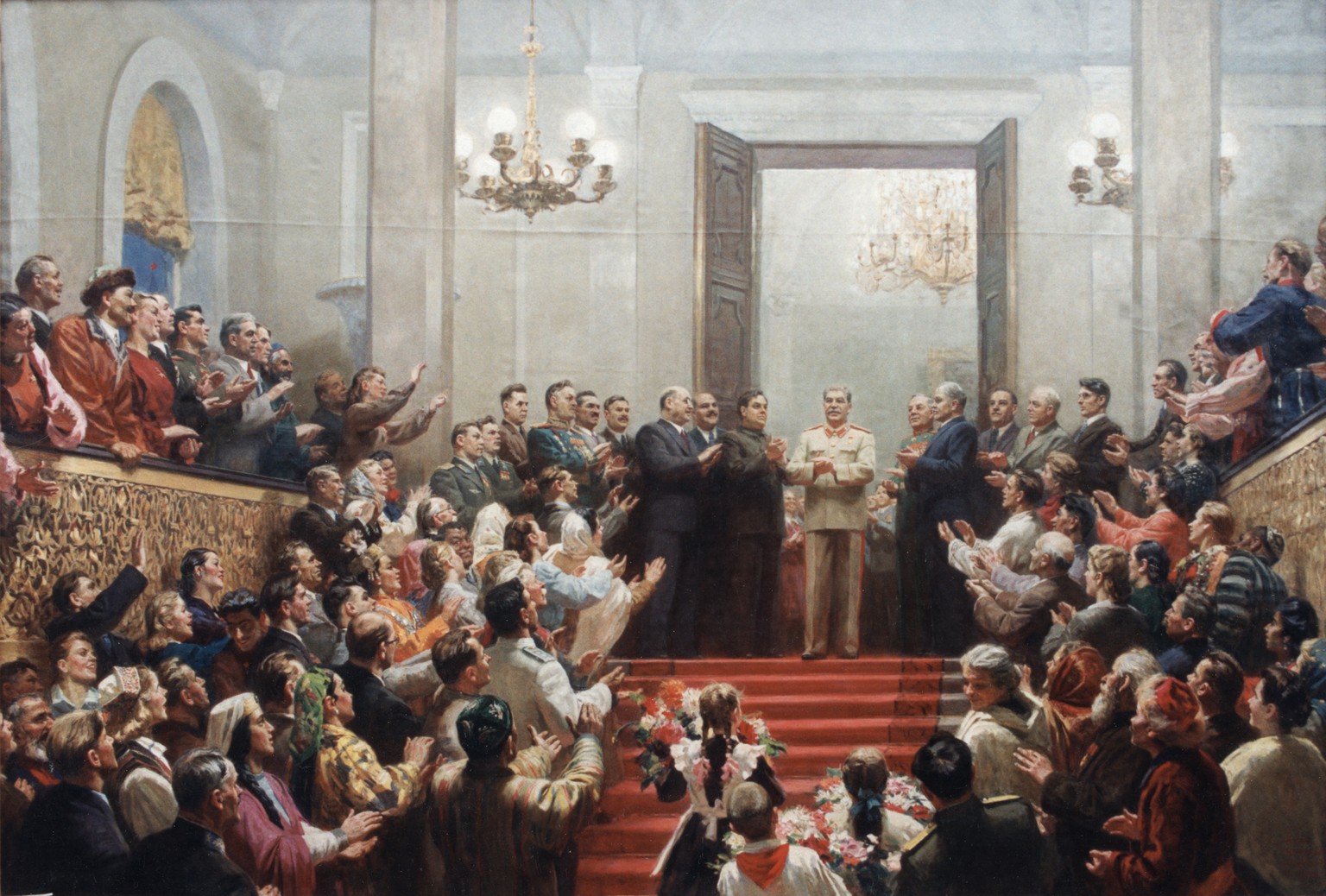 «Ruhm dem grossen Stalin!» (1950): Gemälde von Yuri Kugach, sozialistischer Realismus.