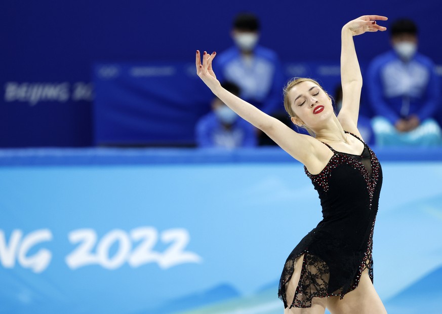 epa09758990 Alexia Paganini of Switzerland performs in the Women&#039;s Short Program of the Figure Skating events at the Beijing 2022 Olympic Games, Beijing, China, 15 February 2022. EPA/HOW HWEE YOU ...