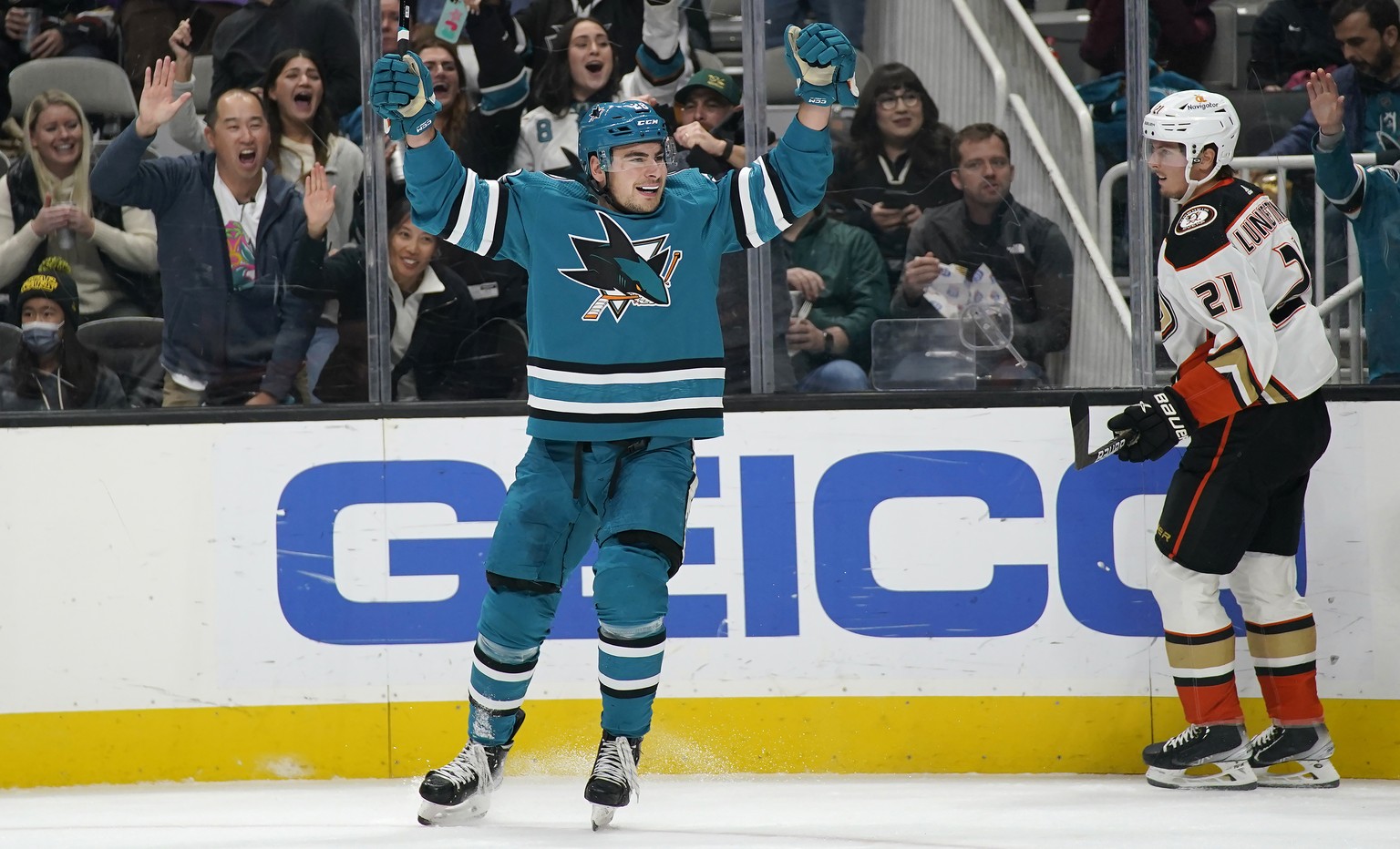 San Jose Sharks right wing Timo Meier celebrates a goal by Kevin Labanc, next to Anaheim Ducks center Isac Lundestrom (21) during the first period of an NHL hockey game in San Jose, Calif., Saturday,  ...