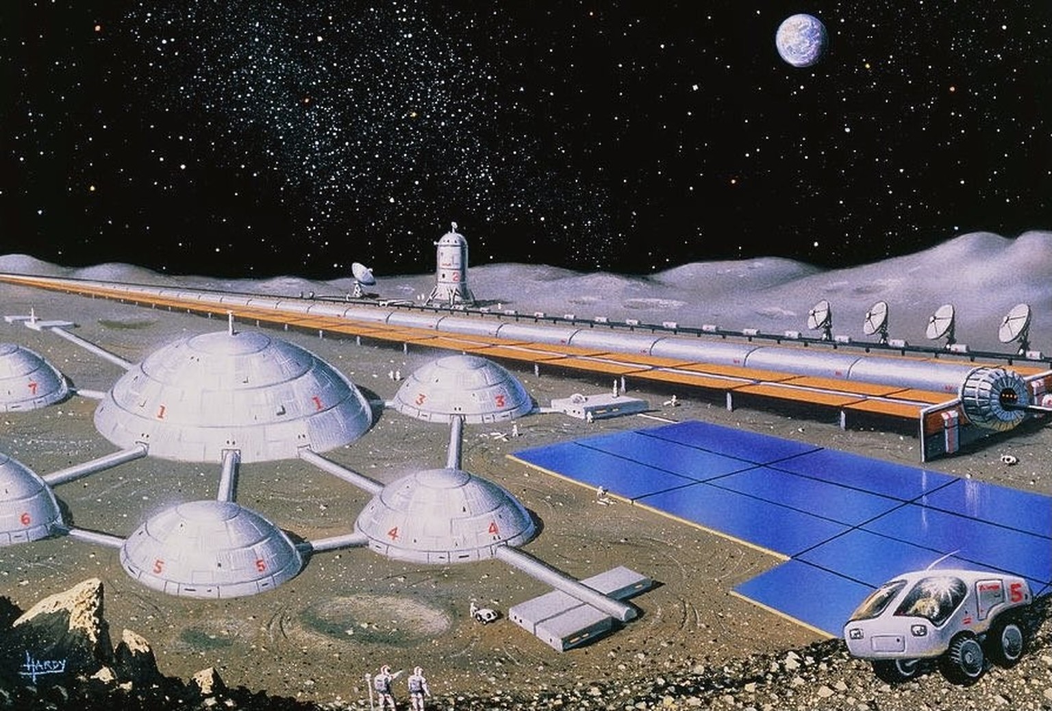 Lunar base by David A. Hardy.
https://www.reddit.com/r/cassettefuturism/comments/snt7nw/lunar_base_by_david_a_hardy/