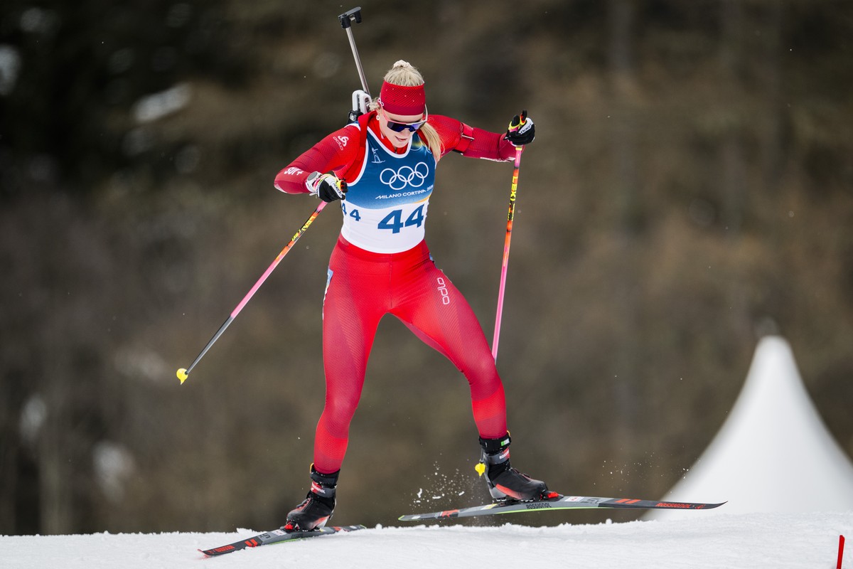 Amy Baserga of Switzerland in action during the women's Biathlon 15km Individual competition at the 2026 Olympic Winter Games in Anterselva, Italy, on Wednesday, February 11, 2026. (KEYSTONE/Jean ...