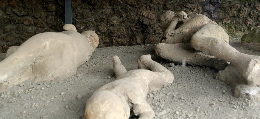 In this May 14, 2014 photo, plaster casts showing victims as they were overcome by the heat and toxic gases of the volcanic eruption of Mount Vesuvius, which in A.D. 79 destroyed the ancient town of P ...