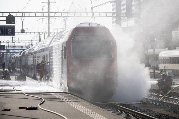 Feuerwehrleute loeschen einen Zug am Bahnhof Altstetten, aufgenommen am Donnerstag, 6. Juli 2023 in Zuerich. (KEYSTONE/Ennio Leanza).