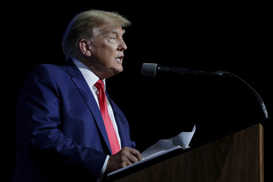 FILE - Former president Donald Trump speaks during the Leadership Forum at the National Rifle Association Annual Meeting at the George R. Brown Convention Center Friday, May 27, 2022, in Houston. Trum ...