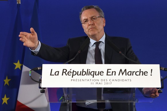 Richard Ferrand, the secretary-general of Macron&#039;s Republic on the Move, attends a press conference for the upcoming National Assembly elections, at the party headquarters in Paris, Thursday, May ...