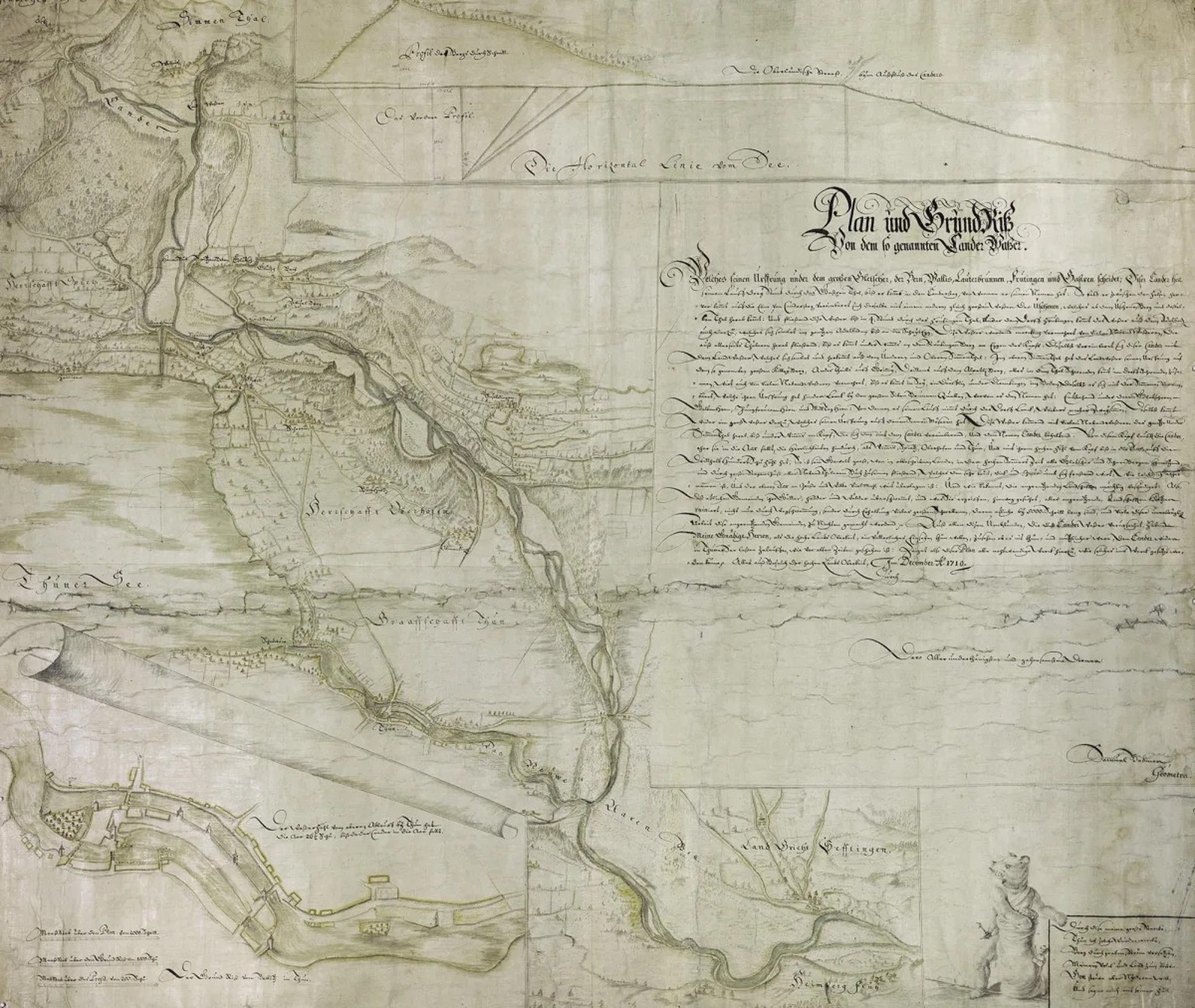 Samuel Bodmers «Plan und Grundriss von dem so genannten Cander Wasser». Der Durchstich ist oben links zu sehen, im unteren linken Bereich sind die Massnahmen in Thun eingezeichnet.
https://www.query.s ...