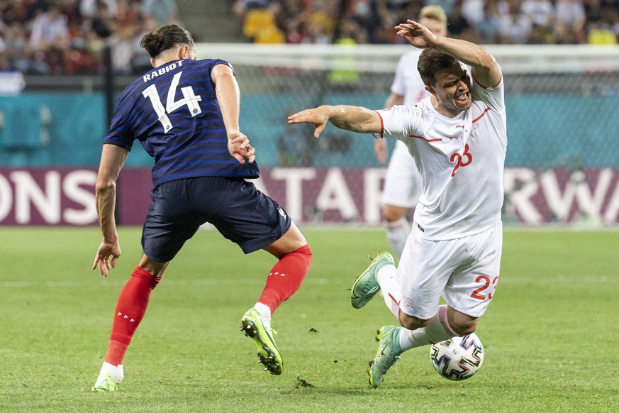 epa09309452 France&#039;s Adrien Rabiot (L) in action against Switzerland&#039;s Xherdan Shaqiri (R) during the UEFA EURO 2020 round of 16 soccer match between France and Switzerland in Bucharest, Rom ...