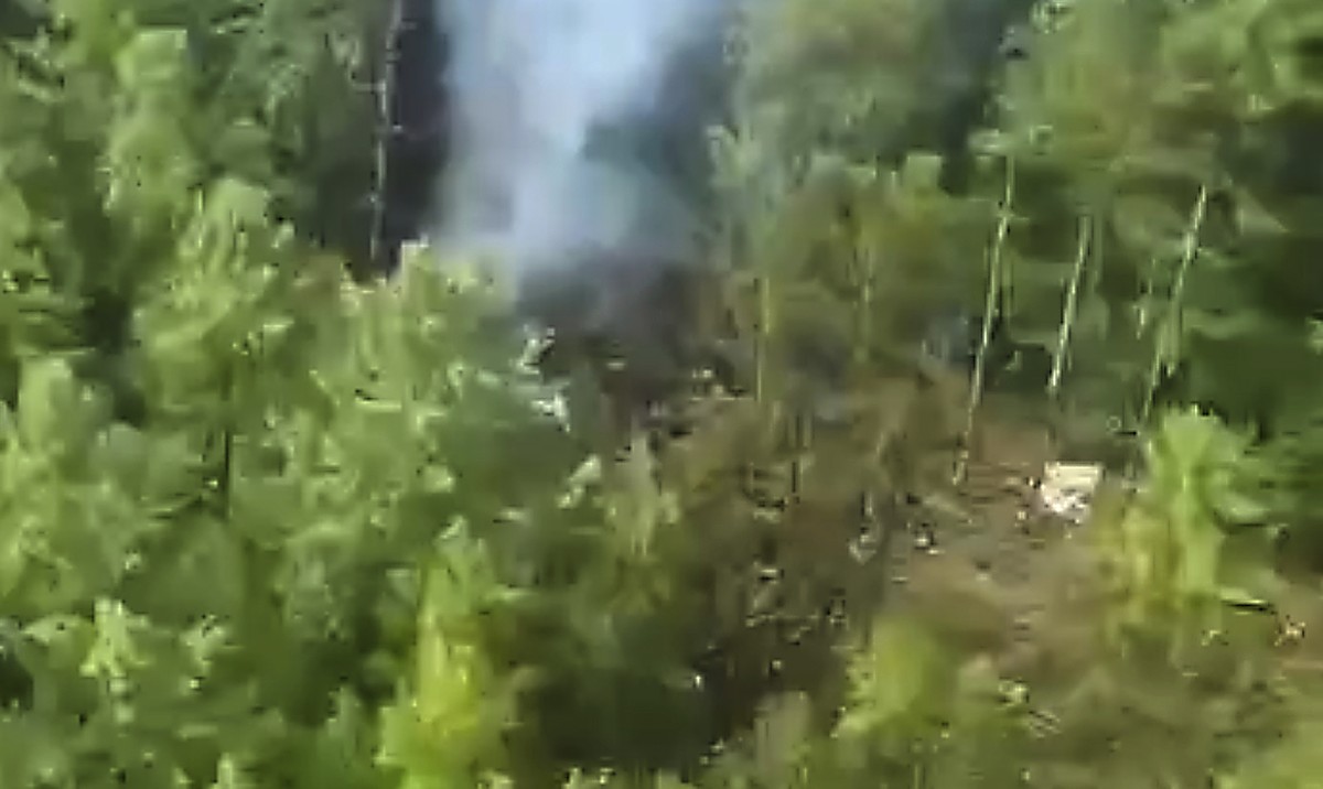 In this photo taken from video released by Russia Emergency Situations Ministry press service on Thursday, July 24, 2025, smoke rises from the place of the crashed Russian An-24 passenger plane of the ...