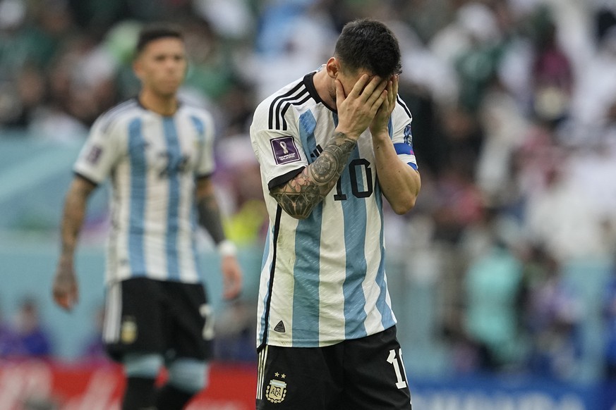 Argentina&#039;s Lionel Messi reacts after missing a chance during the World Cup group C soccer match between Argentina and Saudi Arabia at the Lusail Stadium in Lusail, Qatar, Tuesday, Nov. 22, 2022. ...