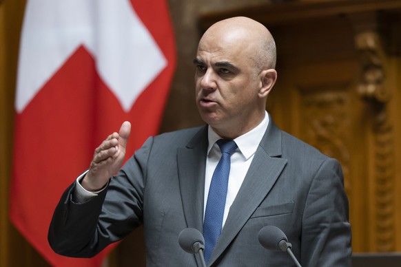 Federal President Alain Berset speaks at the National Council, during the spring session of the Federal Parliament, on Wednesday, March 1, 2023 in Bern.  (KEYSTONE/Peter Klaunzer)