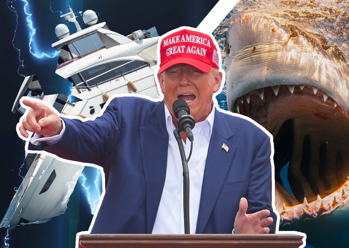 Trump Rede Nevada Haifische oder elektrisiert werden von einem E-Boot. Links ein Boot in zwei teilen rechts ein Haifisch mit offenem Maul und Trump während Rede in der Mitte mit Make America Great Aga ...