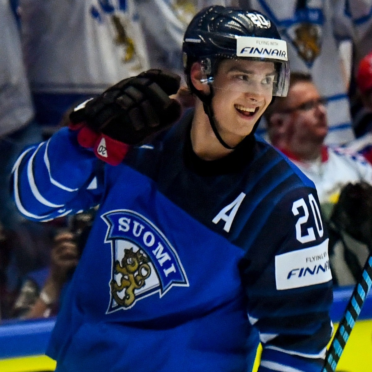 epa06723677 Sebastian Aho of Finland celebrates scoring during the IIHF World Championship group B ice hockey match between Finland and Denmark in Jyske Bank Boxen in Herning, Denmark, 09 May 2018. EP ...