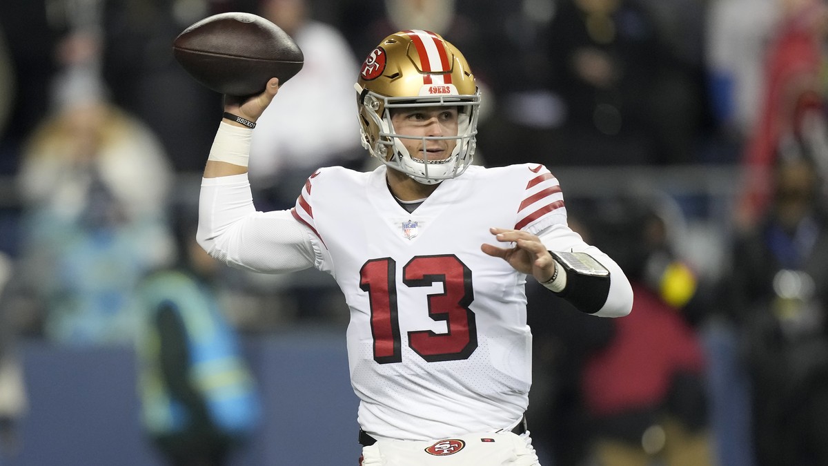 San Francisco 49ers quarterback Brock Purdy (13) passes against the Seattle Seahawks during the first half of an NFL football game in Seattle, Thursday, Dec. 15, 2022. (AP Photo/Stephen Brashear)
Broc ...