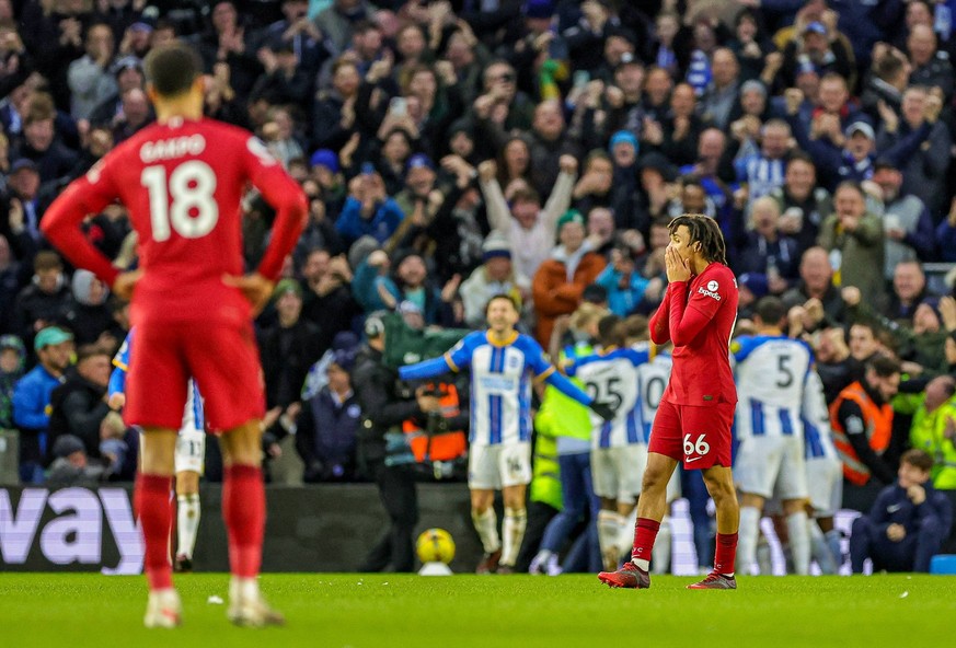 Brighton and Hove Albion v Liverpool Premier League 14/01/2023. Goal 2-0 Solly March 7 of Brighton &amp; Hove Albion scores a goal and celebrates during the Premier League match between Brighton and H ...