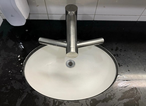 Wasserhahn und Händetrockner in einem: Der Dyson-«Wash &amp; Dry» in einer WC-Anlage am Flughafen Zürich.