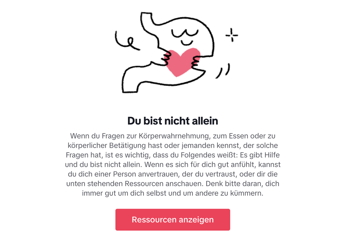Screenshot von Tiktok, diese Seite taucht auf, wenn man nach dem Hashtag #Skinnytok sucht. Es werden Ressourcen für Essstörungen empfohlen.