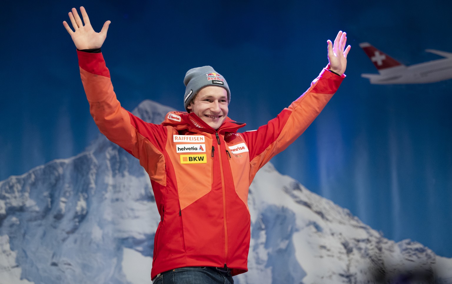 Second placed Marco Odermatt of Switzerland celebrates at the award ceremony of the men&#039;s downhill race at the Alpine Skiing FIS Ski World Cup in Wengen, Switzerland, Saturday, January 14, 2023.  ...