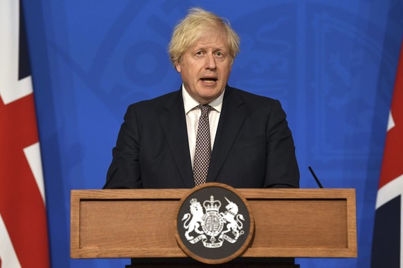 Britain&#039;s Prime Minister Boris Johnson speaks during a media briefing on coronavirus in Downing Street, London, Monday, July 5, 2021. Johnson on Monday confirmed plans to lift mask requirements a ...