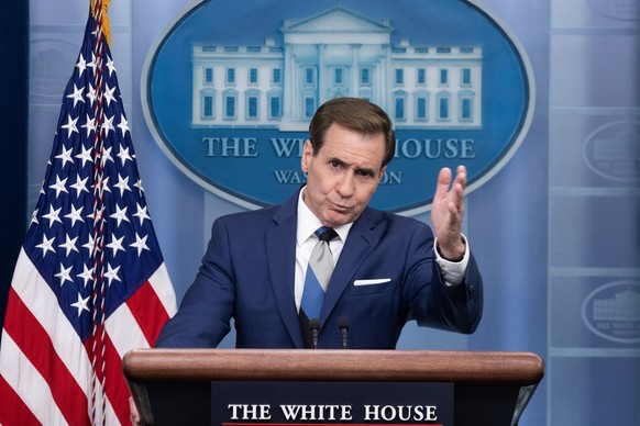 epa10687470 The U.S. National Security Council Coordinator for Strategic Communications, John Kirby, attends a press conference at the James Brady Press Briefing Room of the White House in Washington...