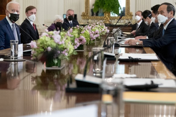 President Joe Biden meets with Japanese Prime Minister Yoshihide Suga in the State Dining Room of the White House in Washington, Friday, April 16, 2021. (AP Photo/Andrew Harnik)
Joe Biden,Yoshihide Su ...