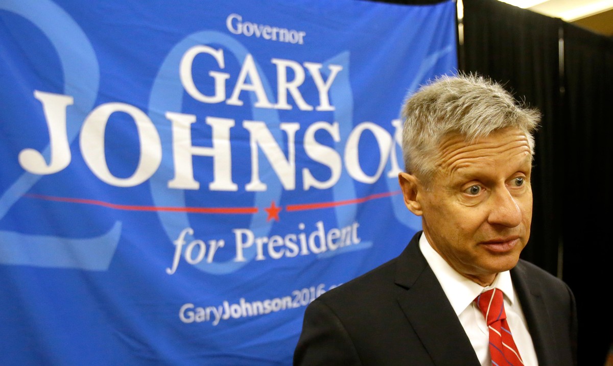 FILE - In a Friday, May 27, 2016 file photo, Libertarian presidential candidate Gary Johnson speaks to supporters and delegates at the National Libertarian Party Convention, in Orlando, Fla. Omn Sunda ...