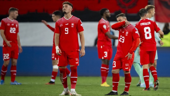 Switzerland&#039;s forward Andi Zeqiri, left, and Switzerland&#039;s midfielder Xherdan Shaqiri, right, react during the UEFA Euro 2024 qualifying group I soccer match between Switzerland and Belarus, ...