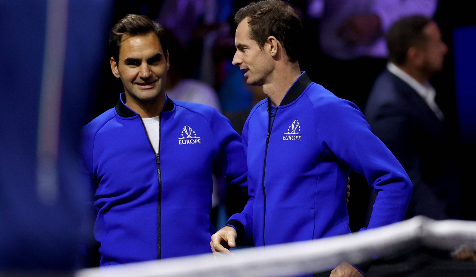 Mandatory Credit: Photo by Ella Ling/Shutterstock 13414643c Roger Federer and Andy Murray of Team Europe chat Laver Cup, Tennis Tournament, Day Two, 02 Arena, London, UK - 24 Sep 2022 Laver Cup, Tenni ...