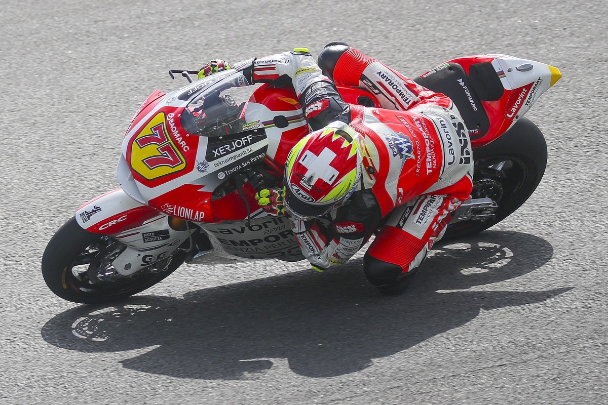epa07963663 Swiss Moto2 rider Dominique Aegerter of the MV Agusta Temporary Forward in action during the free practice of the Motorcycle Grand Prix of Malaysia 2019 at Sepang International Circuit in  ...