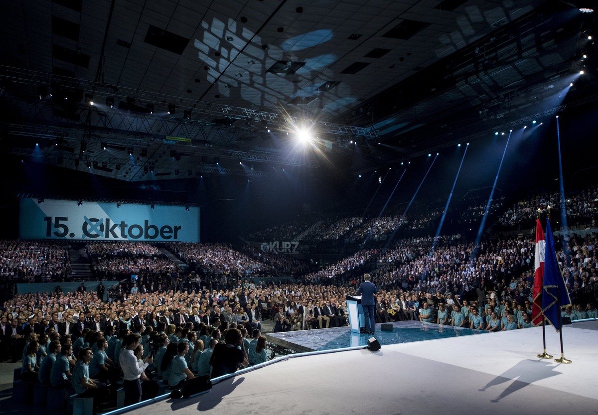 epa06221713 Austrian Foreign Minister Sebastian Kurz, the leader and top candidate of the Austrian Peoples Party (OeVP), delivers a speech during the kick off of the party' election campaign for  ...