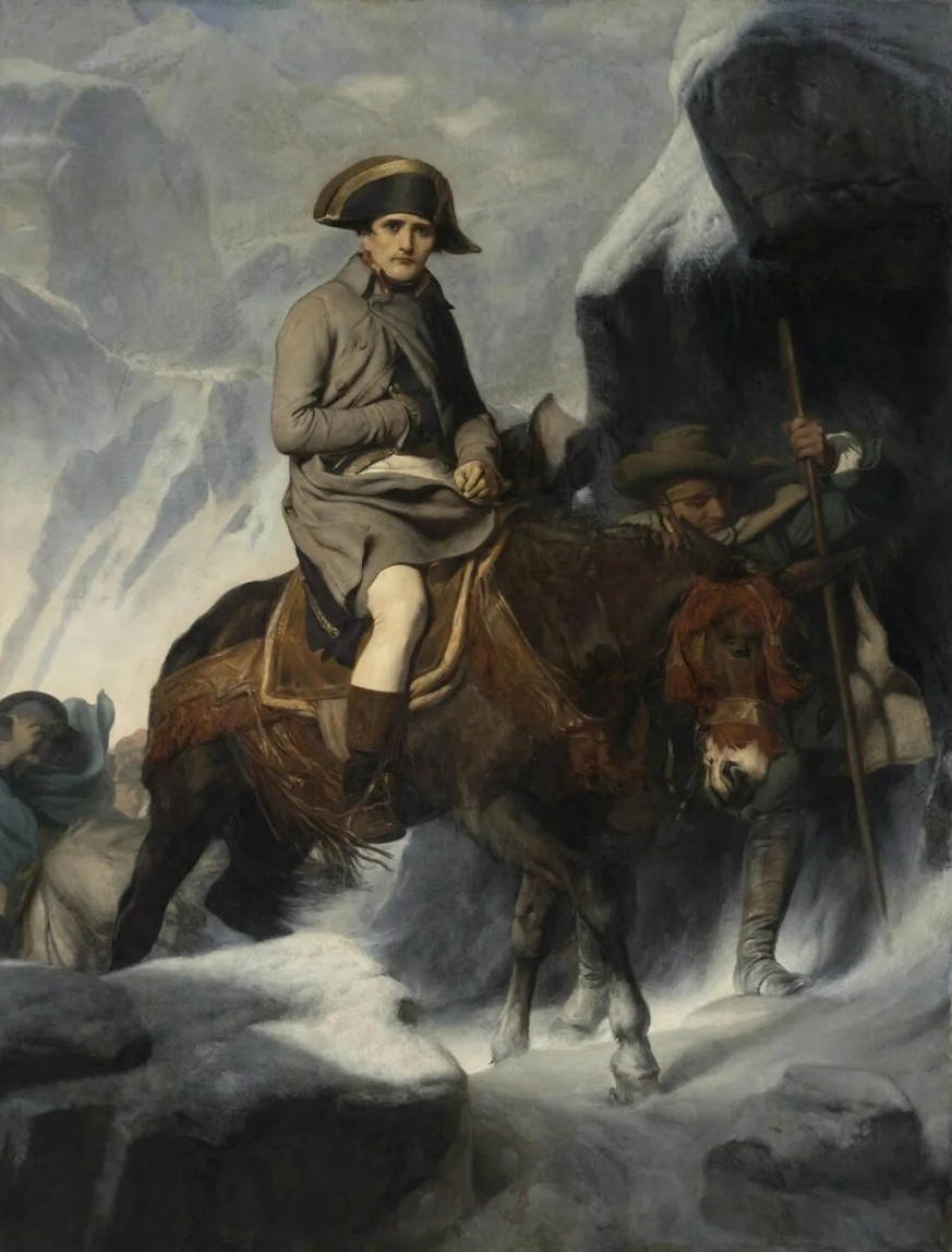 Steht im starken Gegensatz zu Davids Werk: Napoleons Alpenüberquerung, gemalt von Paul Delaroche.
https://collections.louvre.fr/en/ark:/53355/cl010062901