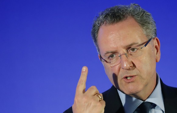 epa05951074 Richard Ferrand, General Secretary of the political movement En Marche !, or Onwards !, attends a news conference at the campaign headquarters of French President elect Emmanuel Macron in  ...