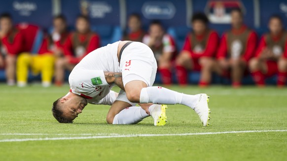 Switzerland&#039;s forward Haris Seferovic, reacts during the FIFA World Cup 2018 group E preliminary round soccer match between Switzerland and Serbia at the Arena Baltika Stadium, in Kaliningrad, Ru ...