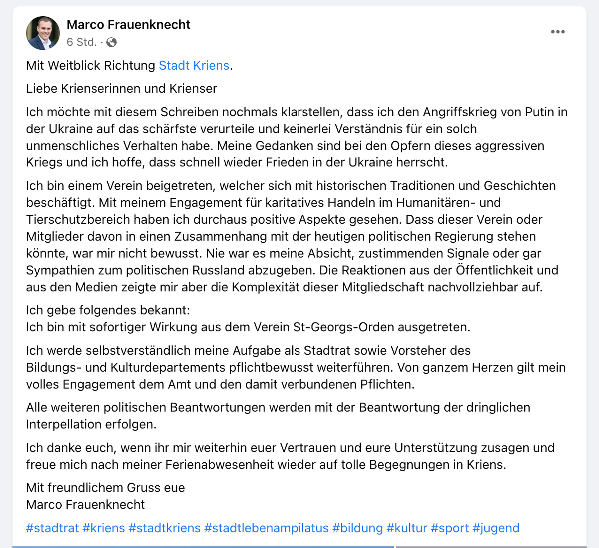 Das Facebook-Posting des Exekutivpolitikers.