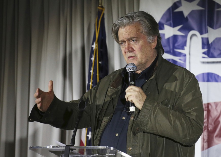 FILE - In this Nov. 9, 2017, file photo, Steve Bannon, speaks during an event in Manchester, N.H. Bannon and a political organization he’s linked to have plunged into Senate races in their drive to ou ...