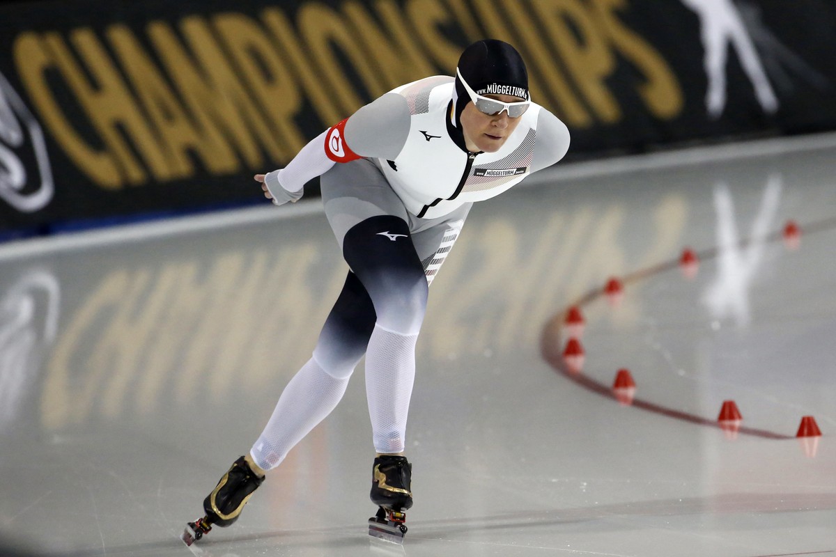 FILE - Germany's Claudia Pechstein competes in the women's 5,000 meters during the world single distances speedskating championships Saturday, Feb. 15, 2020, in Kearns, Utah. At 49, Pechstei ...